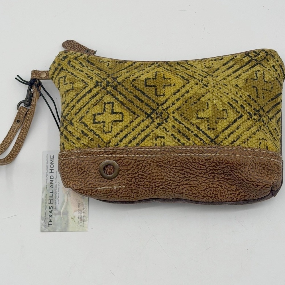 Myra Bag Mustard Yellow Rug Canvas Leather Wristlet Clutch Pouch NWT